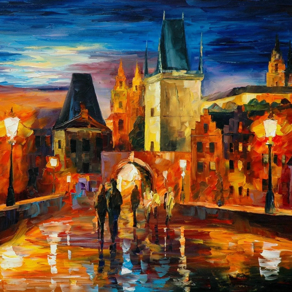 Abstract Landscape Oil Painting - Illuminated Bridge Night Scene - Oil Painting Haven