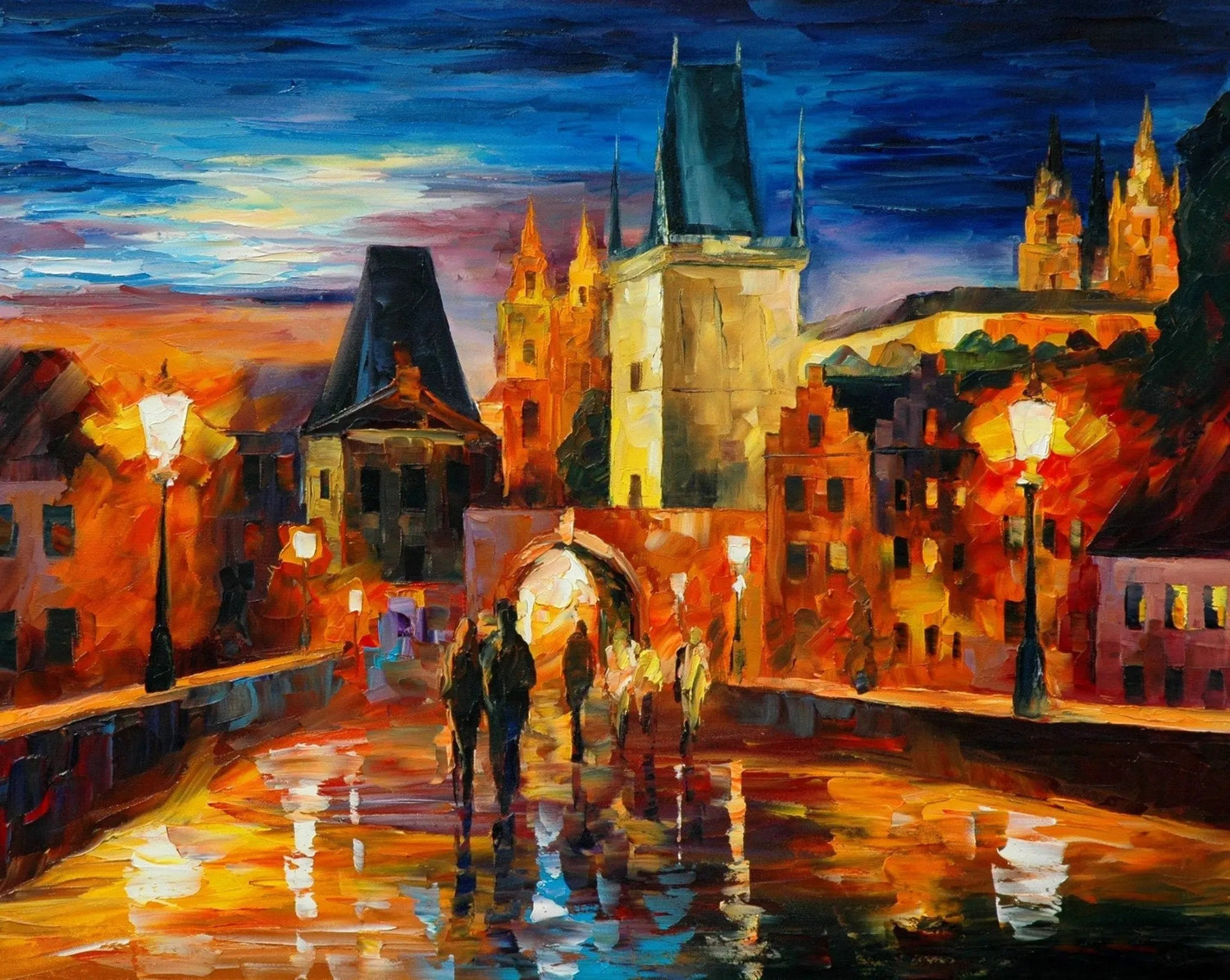 Abstract Landscape Oil Painting - Illuminated Bridge Night Scene - Oil Painting Haven