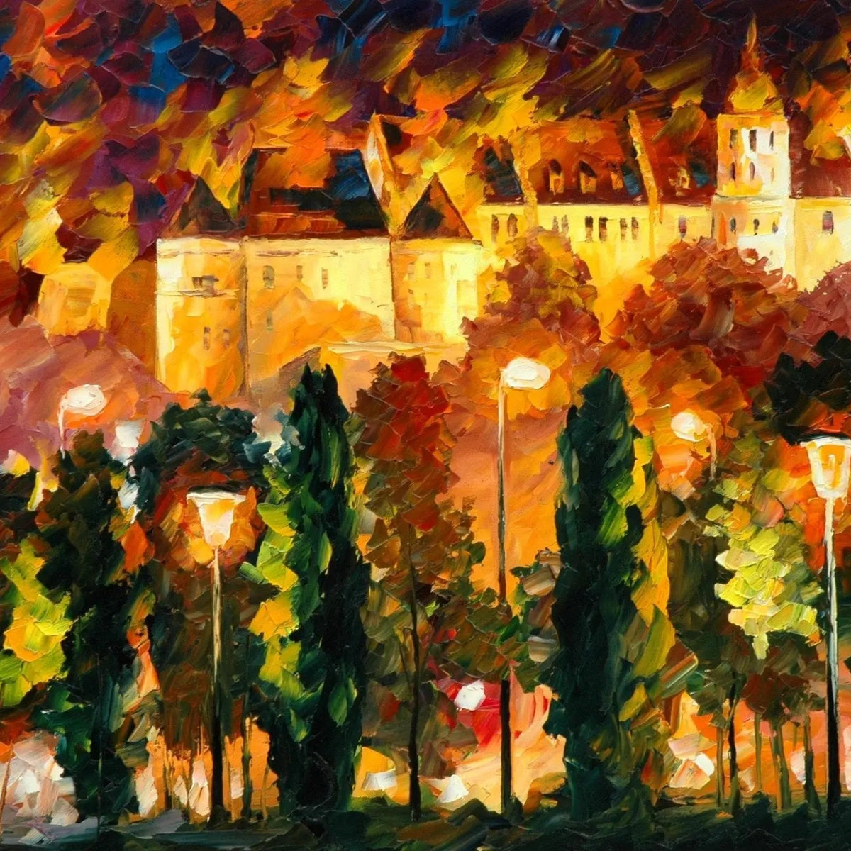 Abstract Landscape Oil Painting - Illuminated Castle at Dusk - Oil Painting Haven