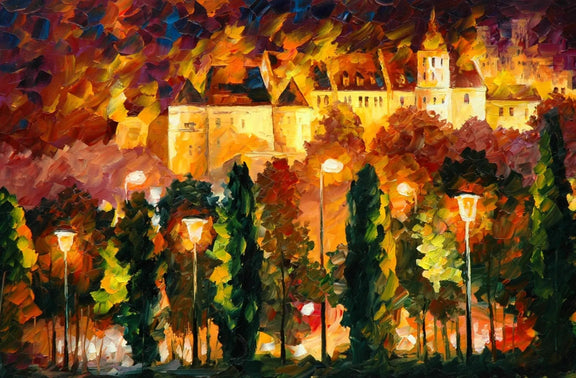 Abstract Landscape Oil Painting - Illuminated Castle at Dusk - Oil Painting Haven
