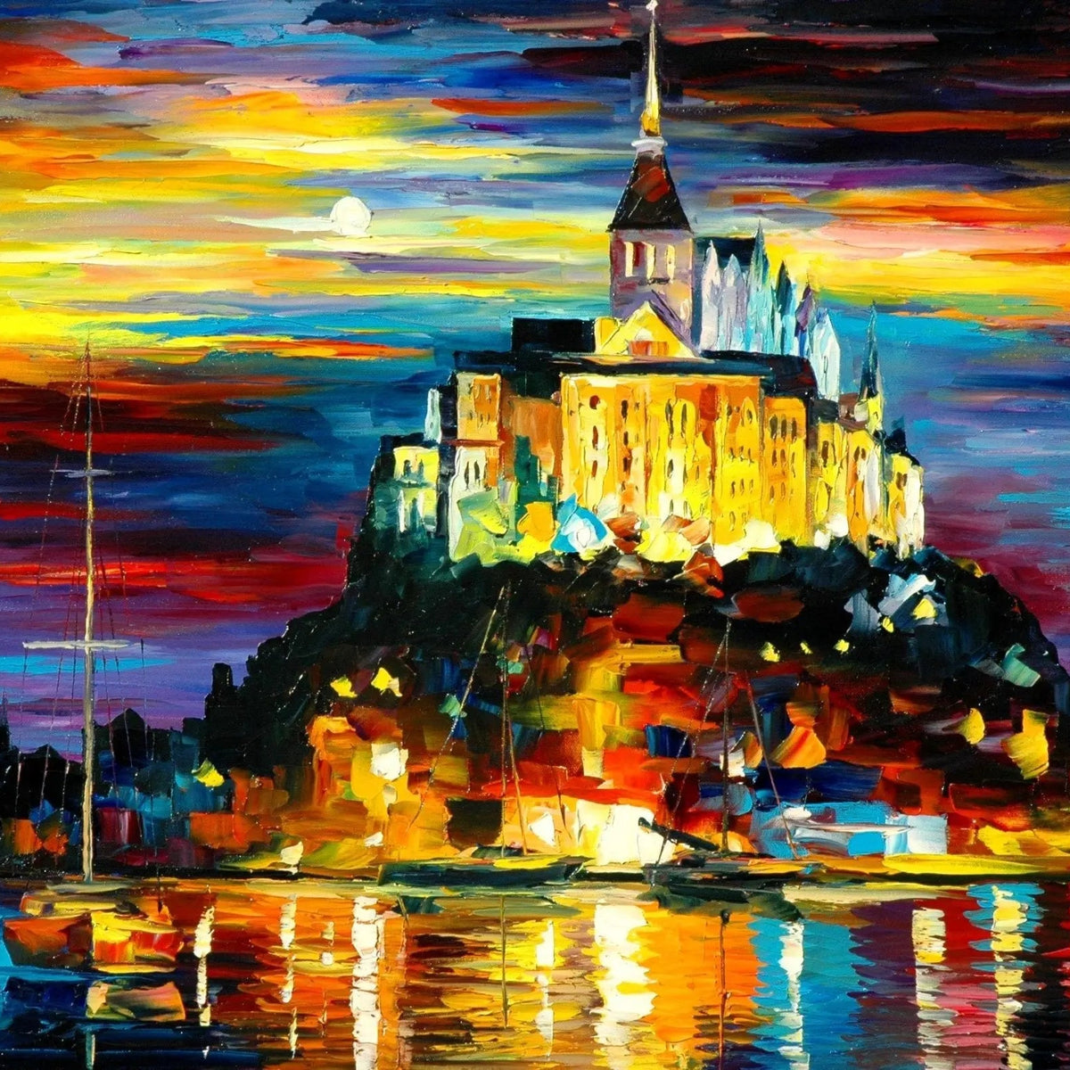 Abstract Landscape Oil Painting - Illuminated Castle by Water at Sunset - Oil Painting Haven