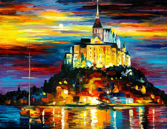 Abstract Landscape Oil Painting - Illuminated Castle by Water at Sunset - Oil Painting Haven