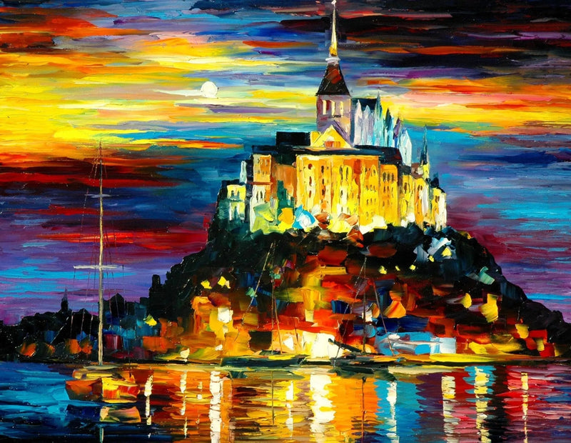 Abstract Landscape Oil Painting - Illuminated Castle by Water at Sunset - Oil Painting Haven