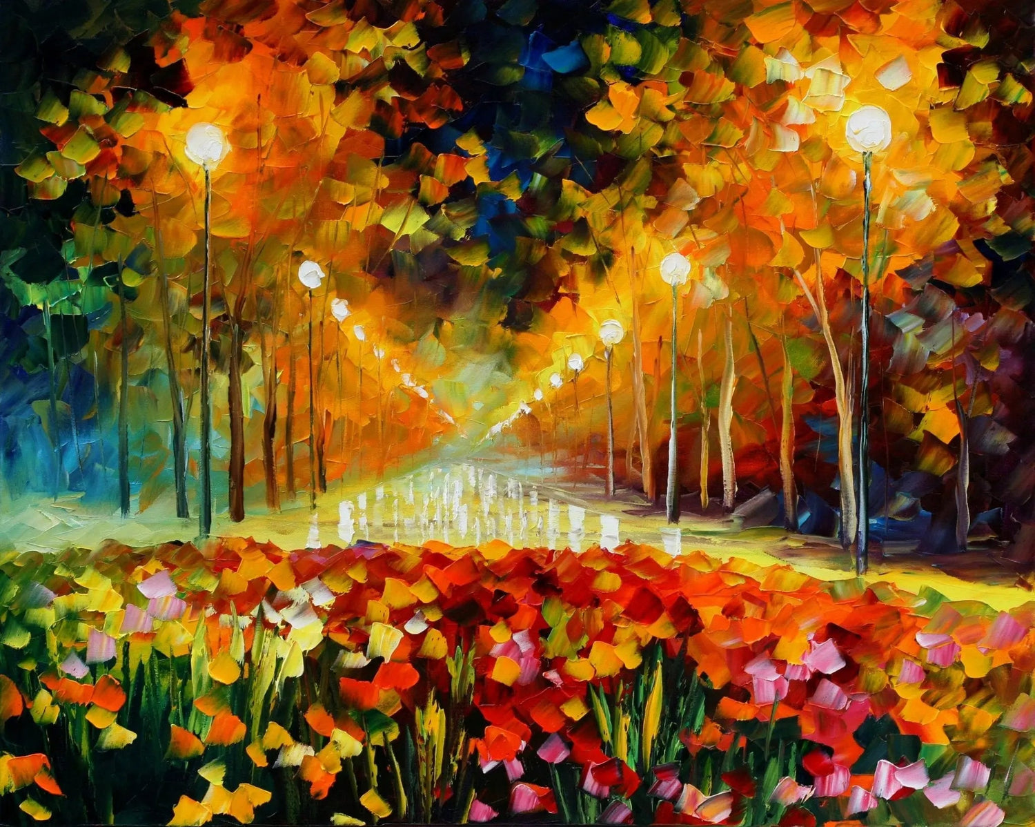 Abstract Landscape Oil Painting - Illuminated Park Path with Flower Beds - Oil Painting Haven