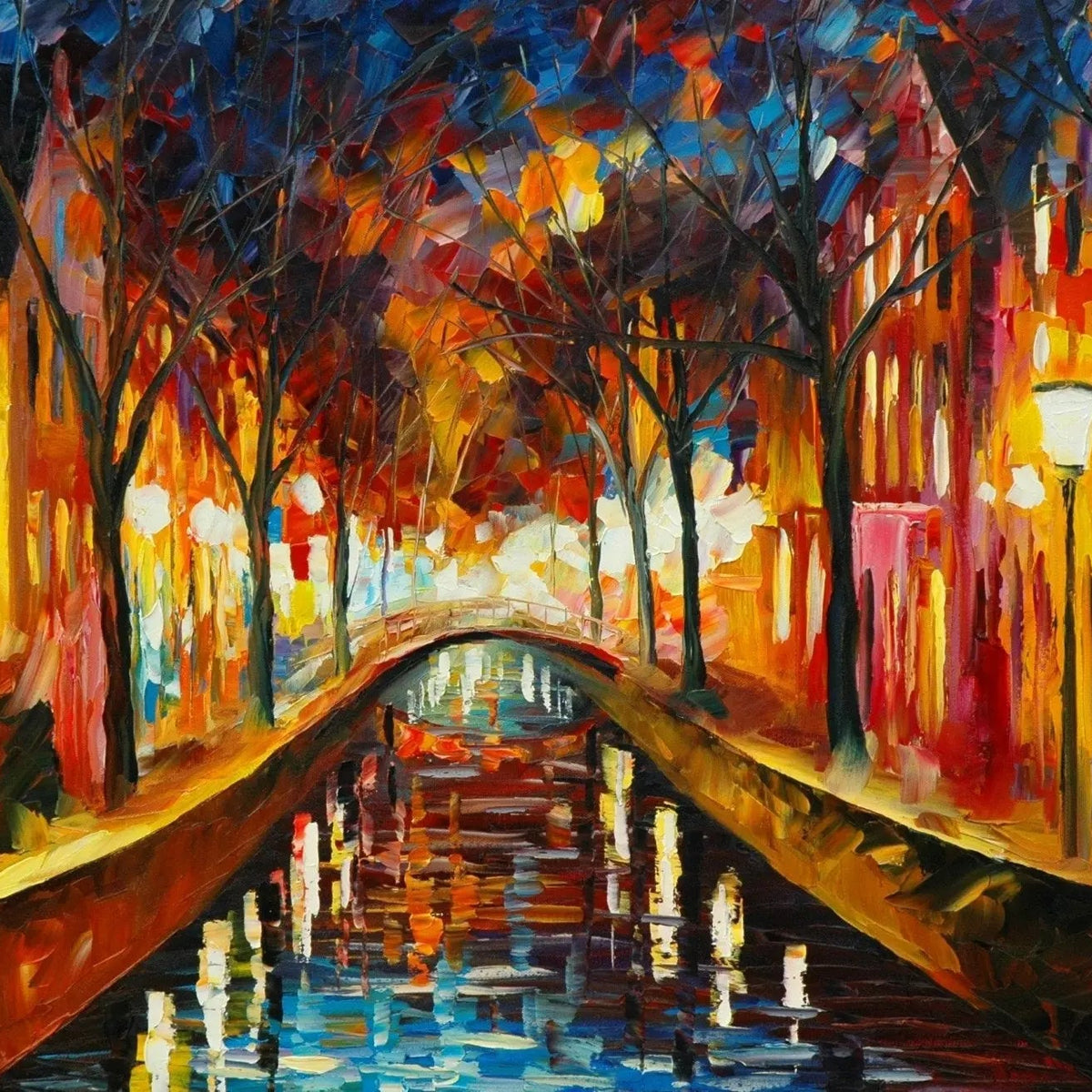 Abstract Landscape Oil Painting - Luminous Canal in Nighttime Town - Oil Painting Haven