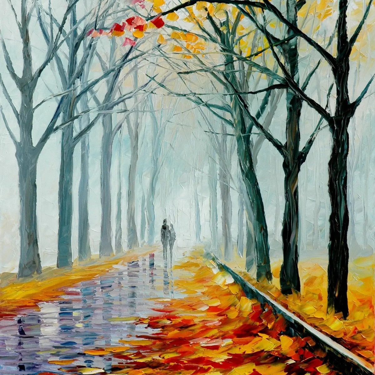 Abstract Landscape Oil Painting - Misty Autumn Path with Figures - Oil Painting Haven