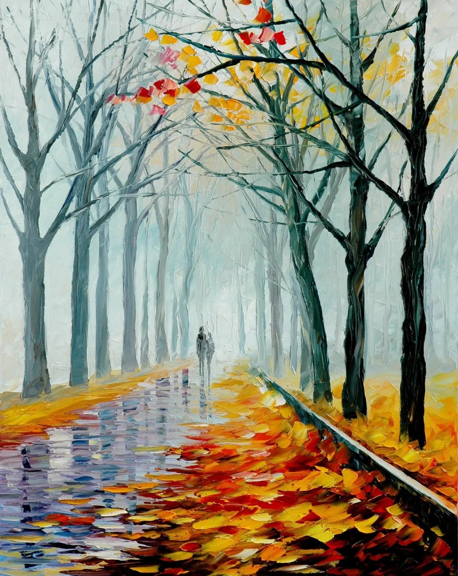 Abstract Landscape Oil Painting - Misty Autumn Path with Figures - Oil Painting Haven
