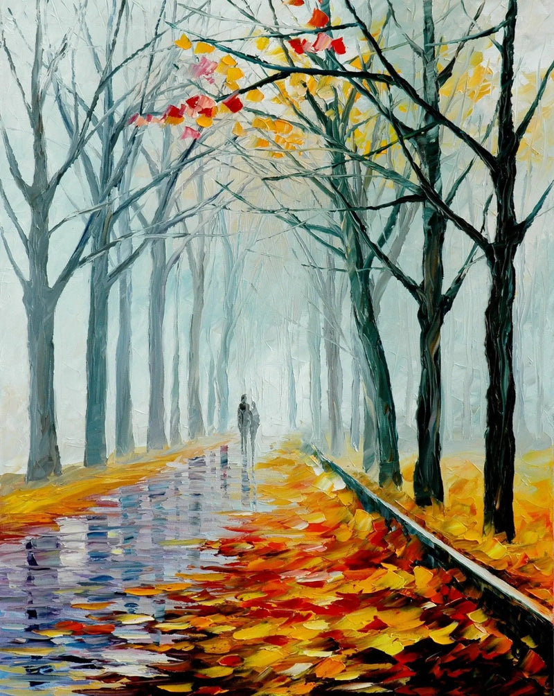 Abstract Landscape Oil Painting - Misty Autumn Path with Figures - Oil Painting Haven