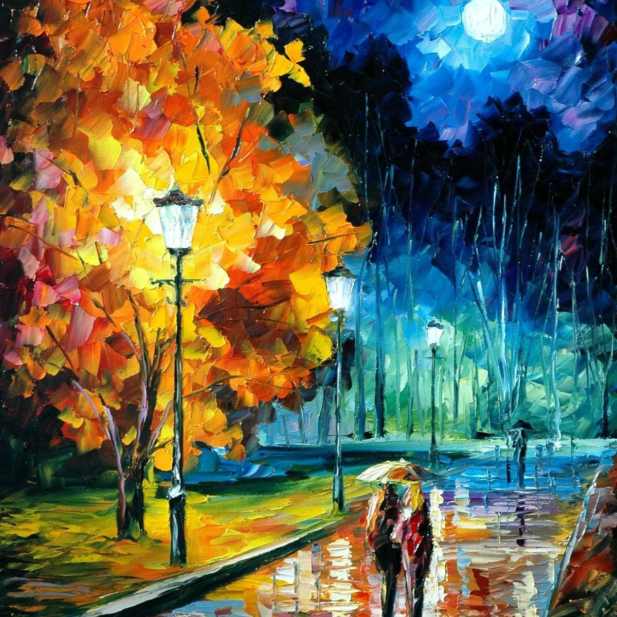 Abstract Landscape Oil Painting: Moonlit Autumn Park Path with Figures - Oil Painting Haven
