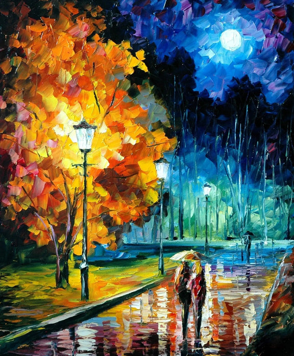 Abstract Landscape Oil Painting: Moonlit Autumn Park Path with Figures - Oil Painting Haven