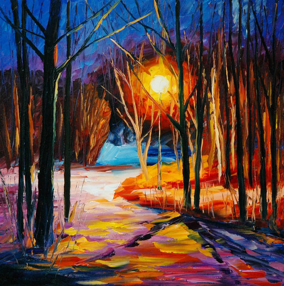 Abstract Landscape Oil Painting - Moonlit Forest Path - Oil Painting Haven