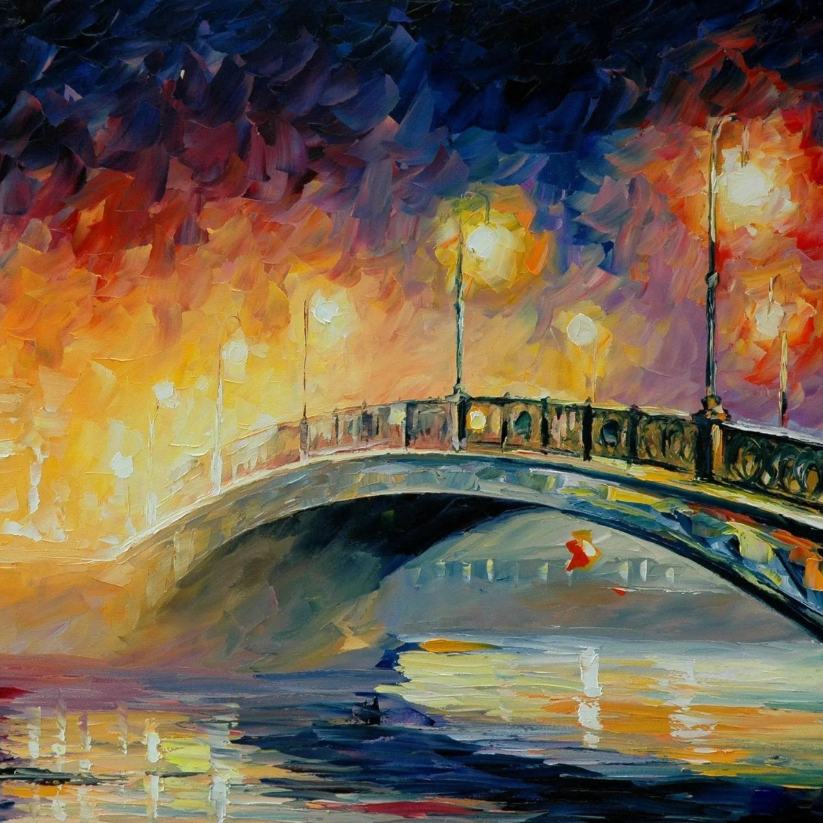 Abstract Landscape Oil Painting - Night Bridge Over Water with Lights - Oil Painting Haven