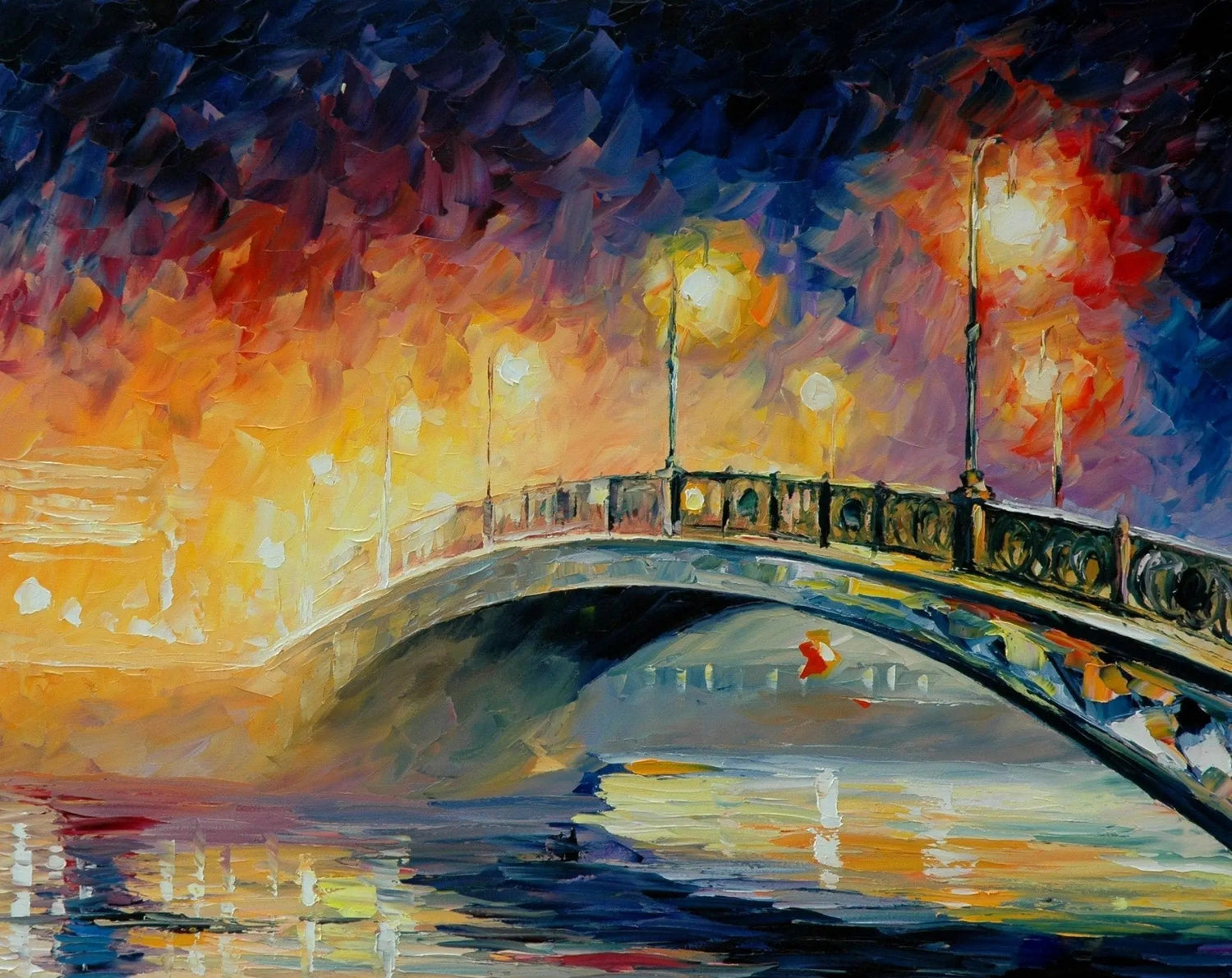 Abstract Landscape Oil Painting - Night Bridge Over Water with Lights - Oil Painting Haven