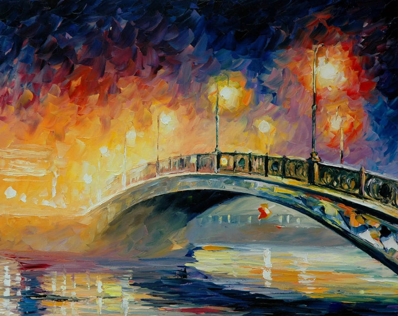 Abstract Landscape Oil Painting - Night Bridge Over Water with Lights - Oil Painting Haven
