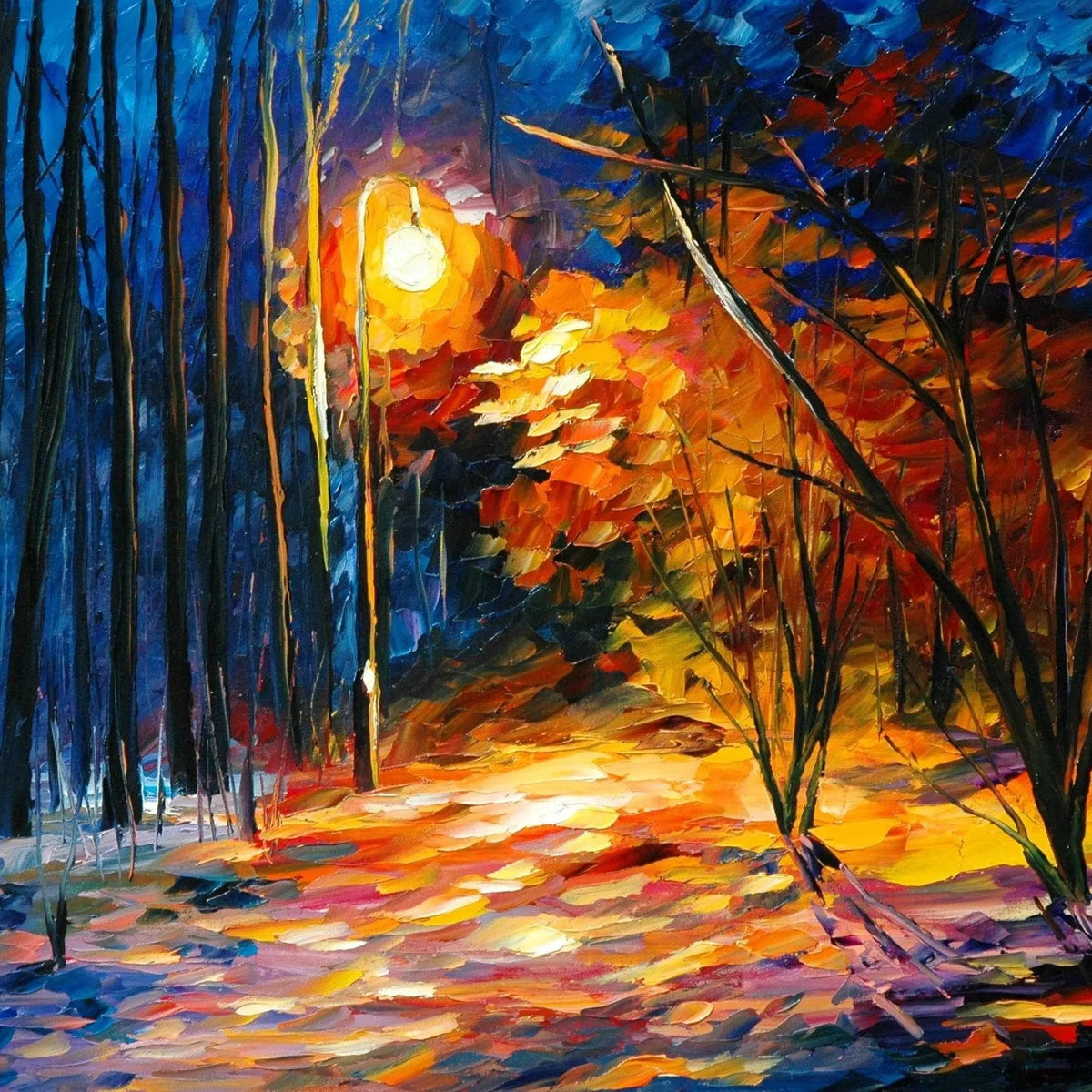 Abstract Landscape Oil Painting - Night Forest Path with Street Lamp - Oil Painting Haven