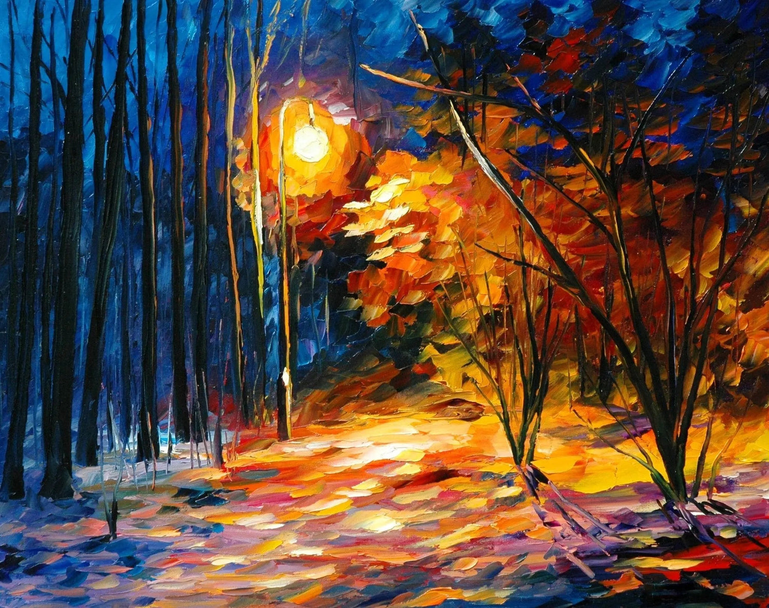 Abstract Landscape Oil Painting - Night Forest Path with Street Lamp - Oil Painting Haven