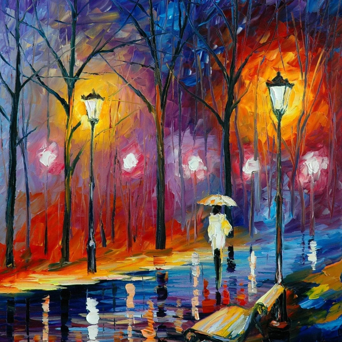 Abstract Landscape Oil Painting - Night Park Path in Rainy Glow - Oil Painting Haven