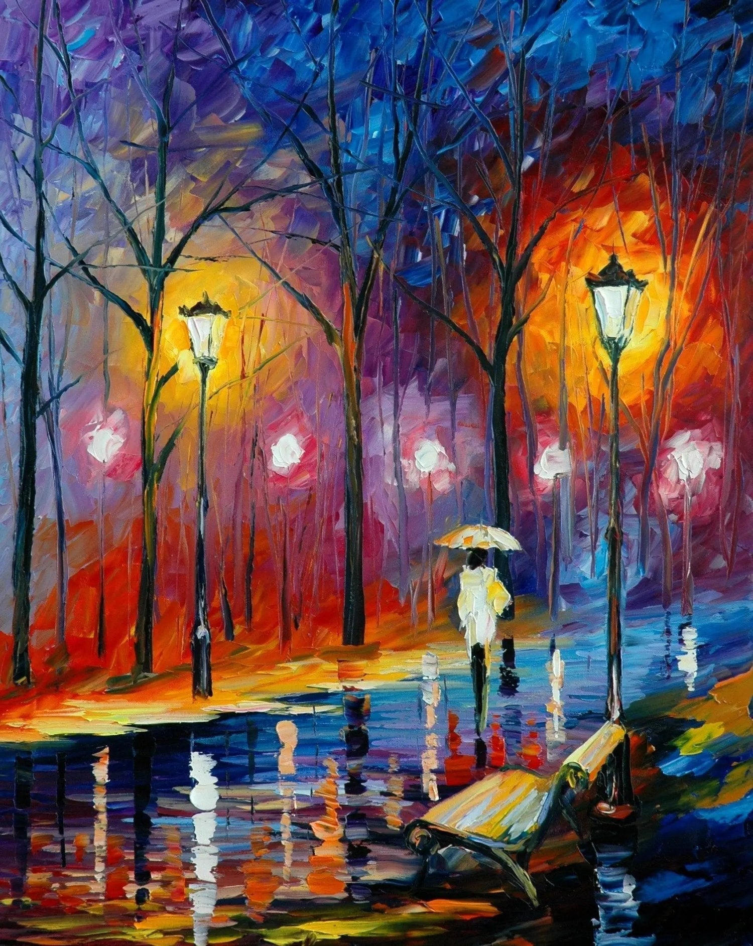 Abstract Landscape Oil Painting - Night Park Path in Rainy Glow - Oil Painting Haven