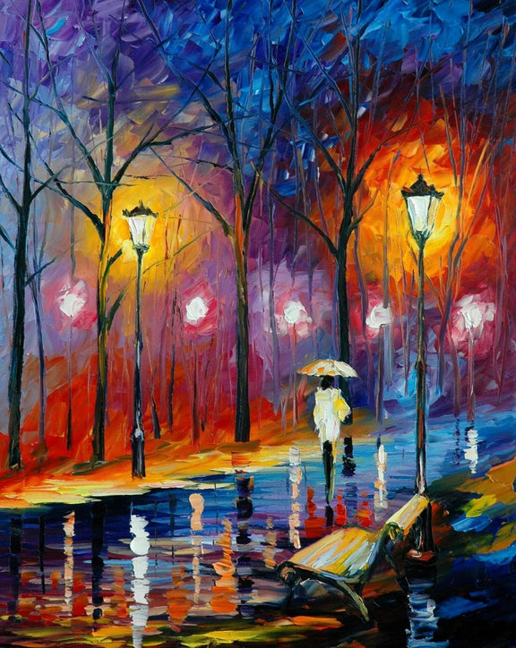 Abstract Landscape Oil Painting - Night Park Path in Rainy Glow - Oil Painting Haven