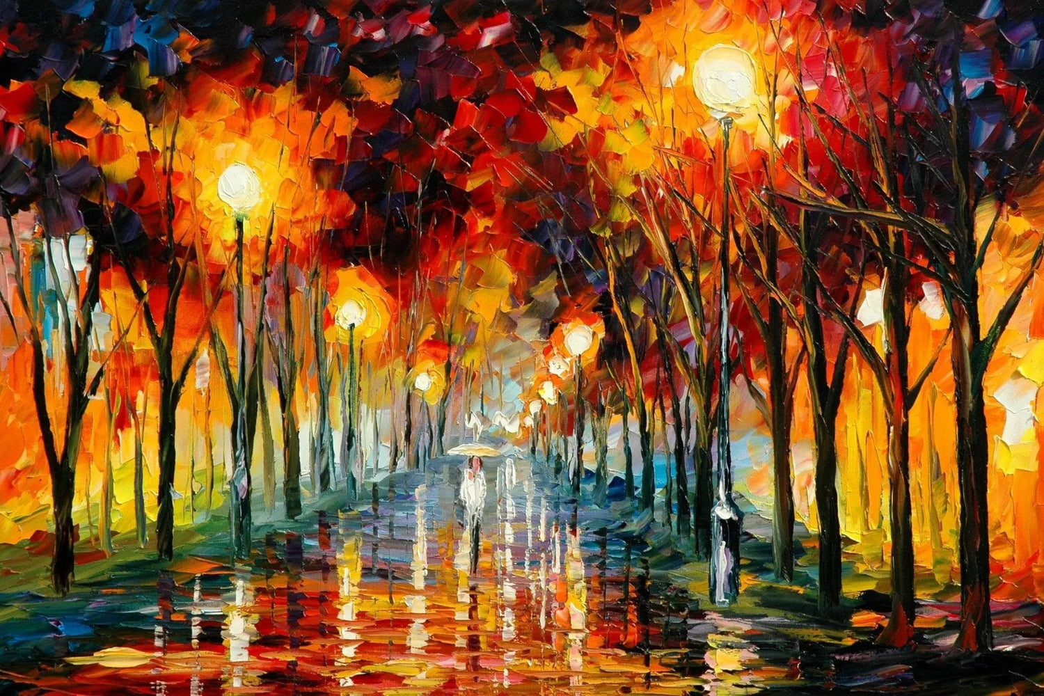 Abstract Landscape Oil Painting - Night Rain Path Reflections - Oil Painting Haven