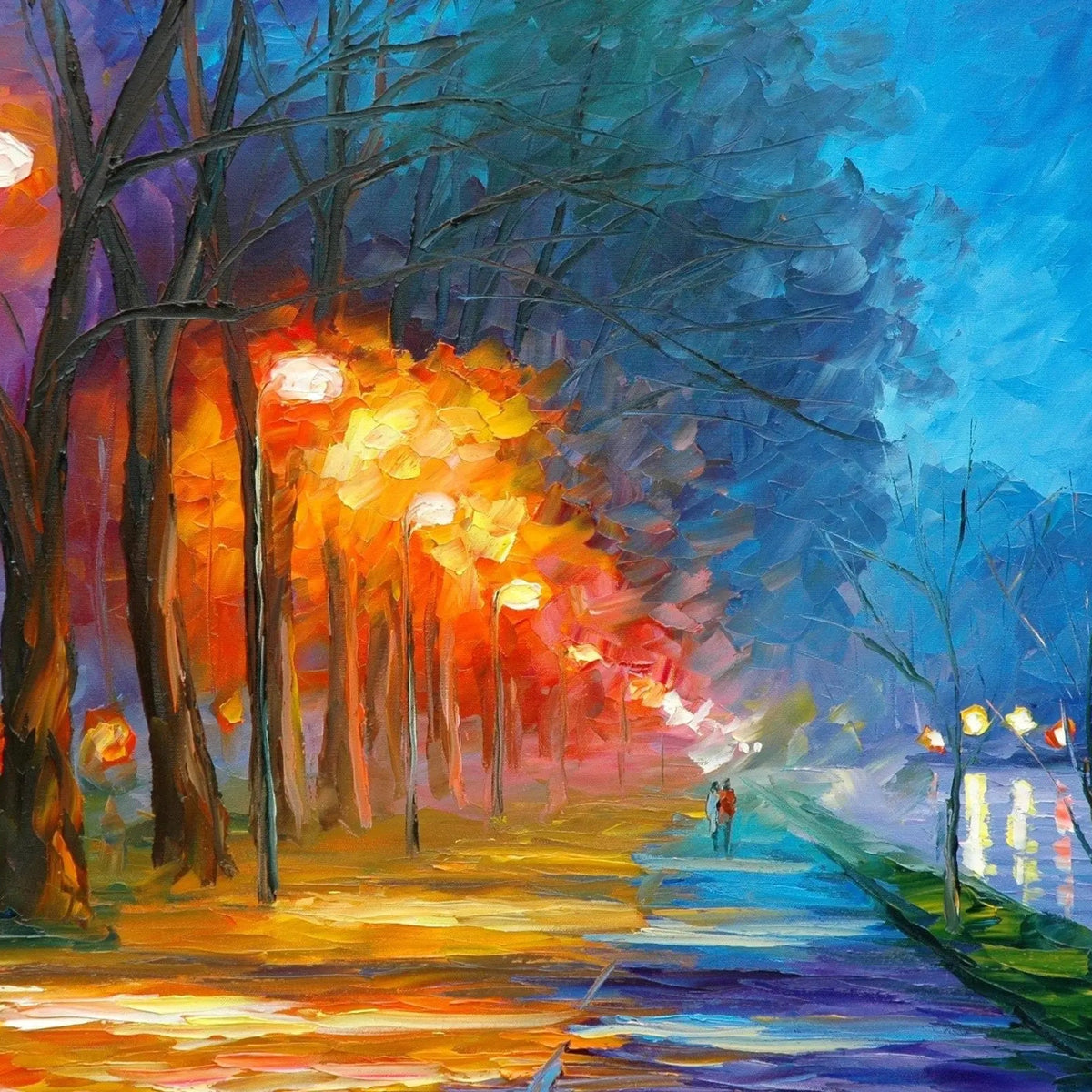 Abstract Landscape Oil Painting - Night Riverside Path with Street Lamps - Oil Painting Haven