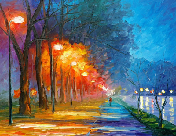 Abstract Landscape Oil Painting - Night Riverside Path with Street Lamps - Oil Painting Haven