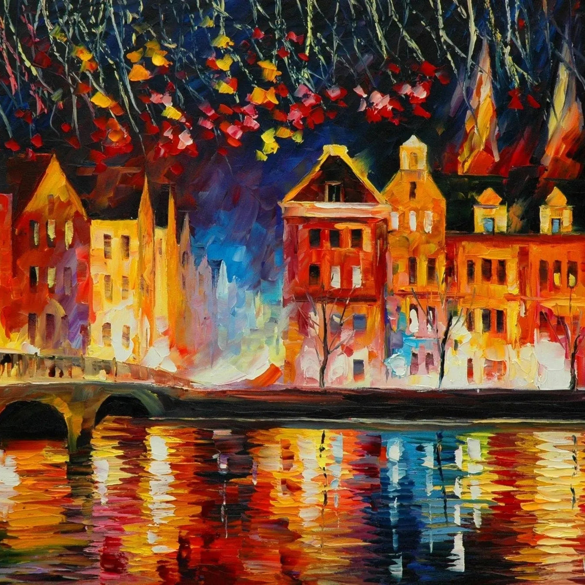 Abstract Landscape Oil Painting - Nighttime Riverfront with Bridge - Oil Painting Haven