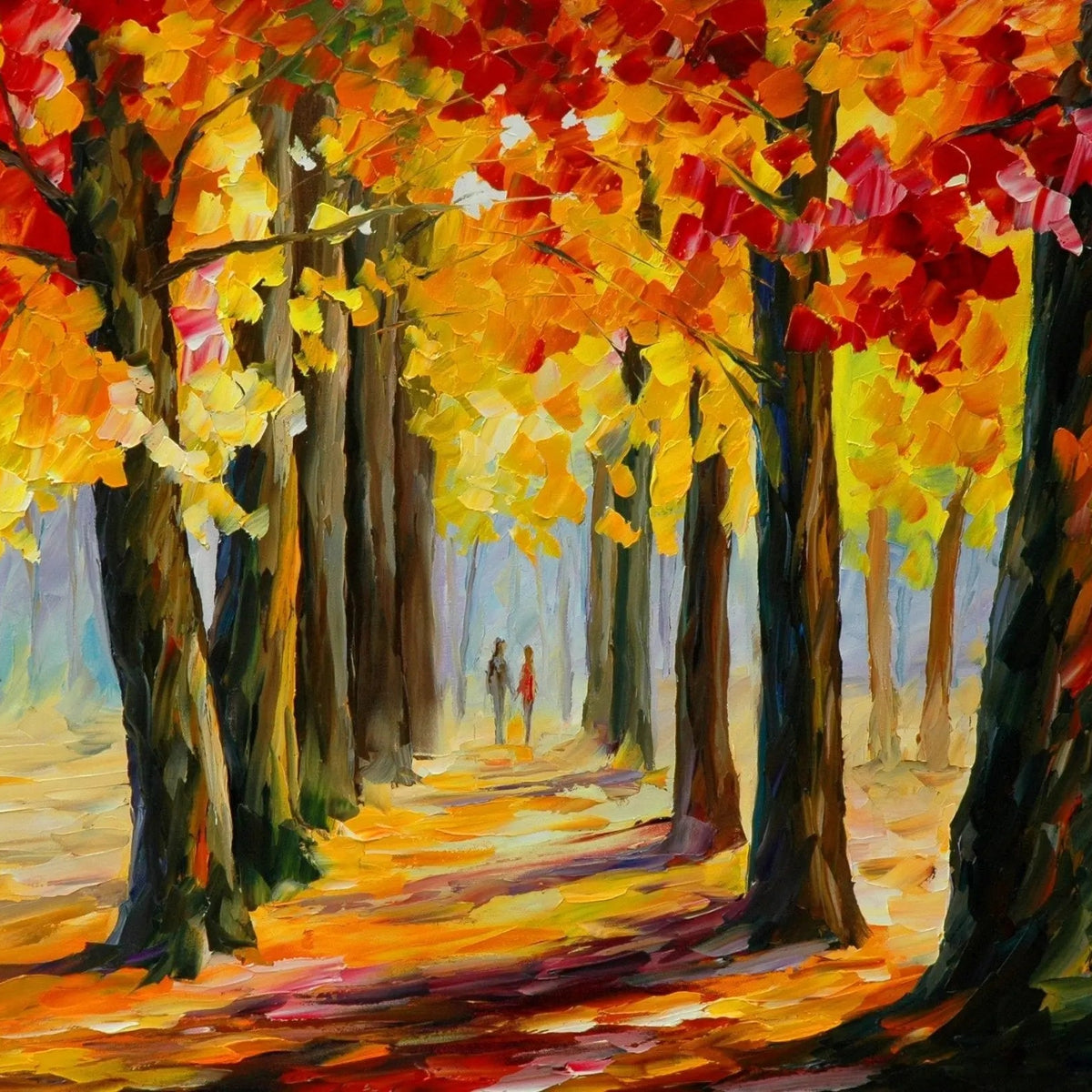 Abstract Landscape Oil Painting of Autumn Forest Path with Figures - Oil Painting Haven