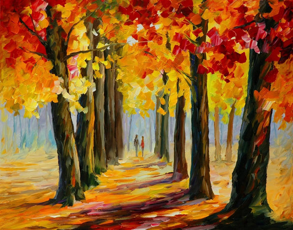 Abstract Landscape Oil Painting of Autumn Forest Path with Figures - Oil Painting Haven