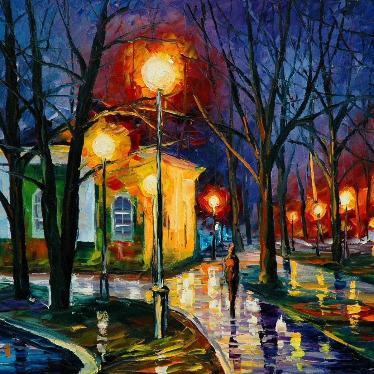 Abstract Landscape Oil Painting - Park Night Rain Reflections - Oil Painting Haven