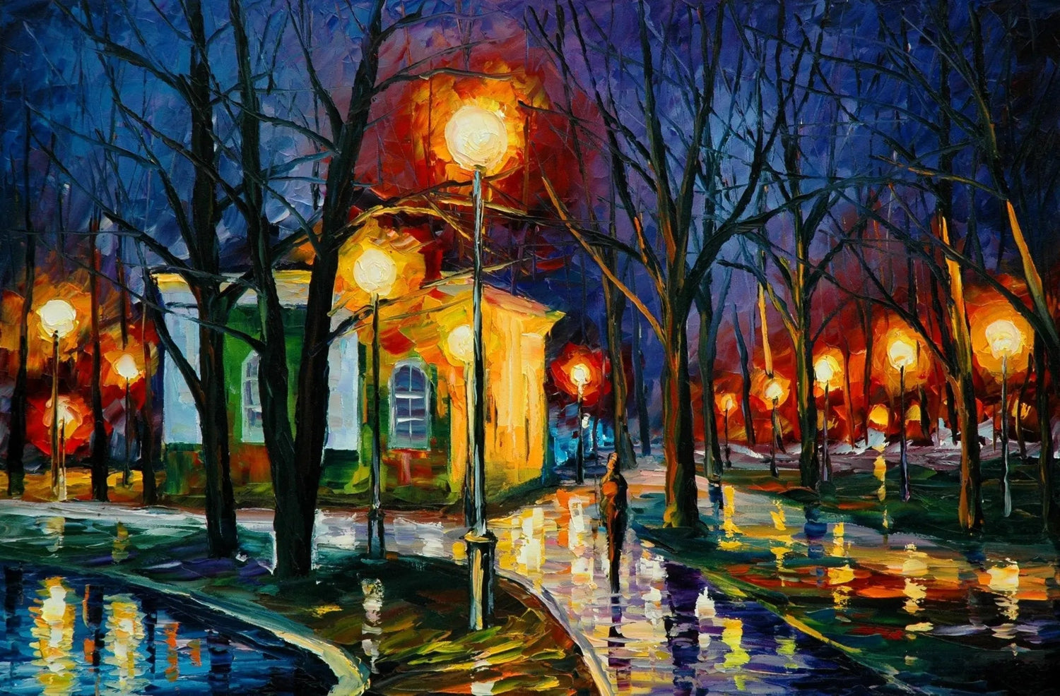 Abstract Landscape Oil Painting - Park Night Rain Reflections - Oil Painting Haven