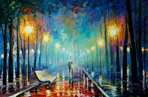 Abstract Landscape Oil Painting - Park Rain Night Reflections - Oil Painting Haven