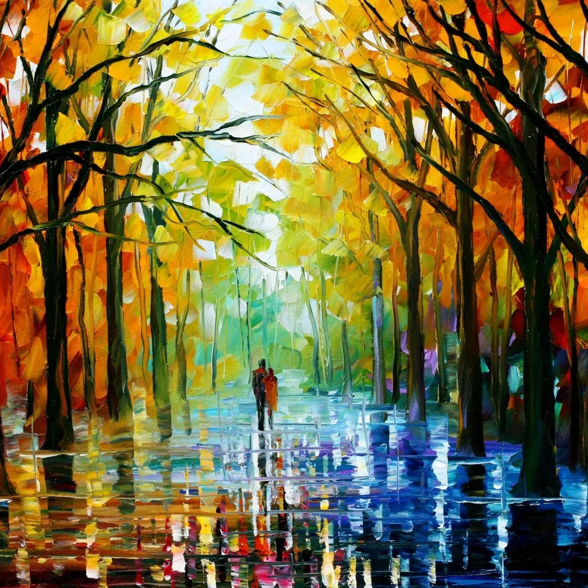 Abstract Landscape Oil Painting - Rainy Autumn Forest Path with Couple - Oil Painting Haven