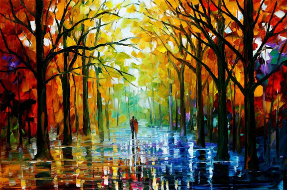 Abstract Landscape Oil Painting - Rainy Autumn Forest Path with Couple - Oil Painting Haven