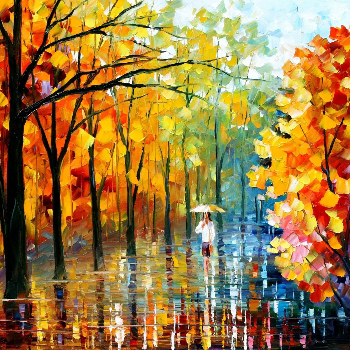 Abstract Landscape Oil Painting - Rainy Autumn Forest Path with Figure - Oil Painting Haven