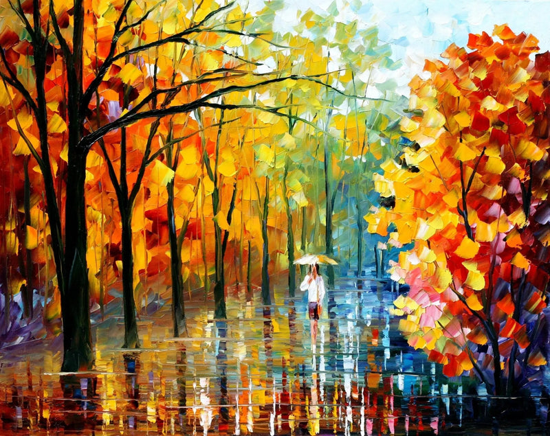 Abstract Landscape Oil Painting - Rainy Autumn Forest Path with Figure - Oil Painting Haven