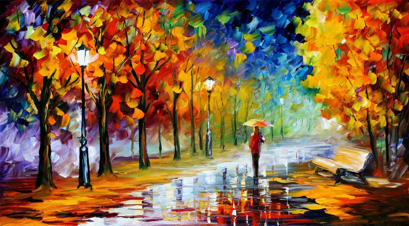 Abstract Landscape Oil Painting: Rainy Autumn Park Path with Figure - Oil Painting Haven