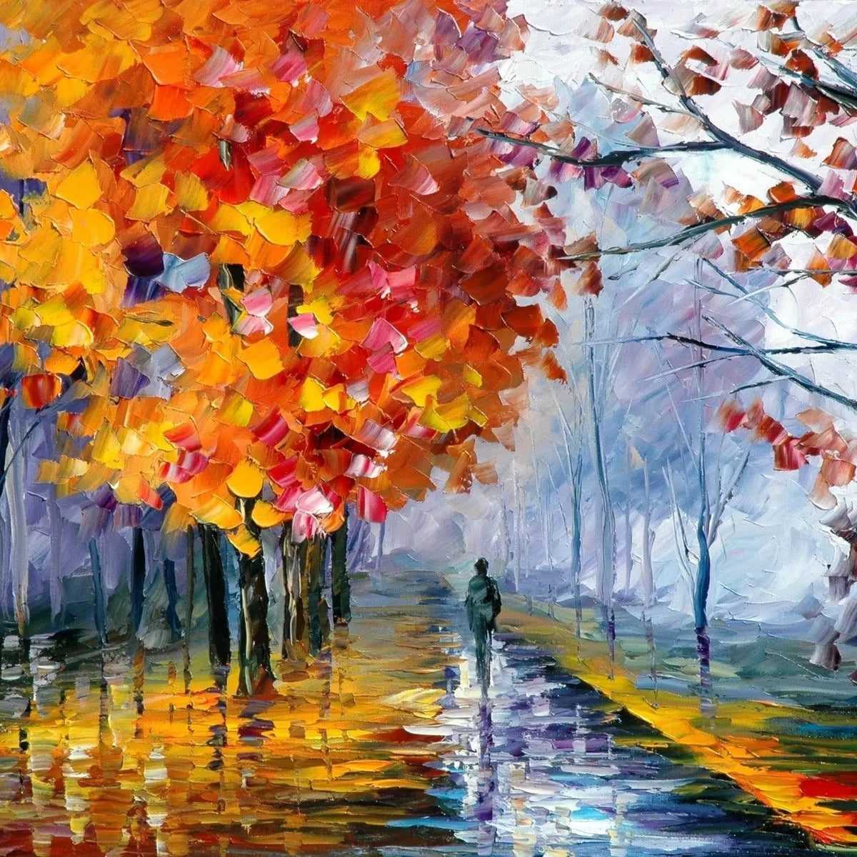 Abstract Landscape Oil Painting - Rainy Autumn Path with Figure - Oil Painting Haven