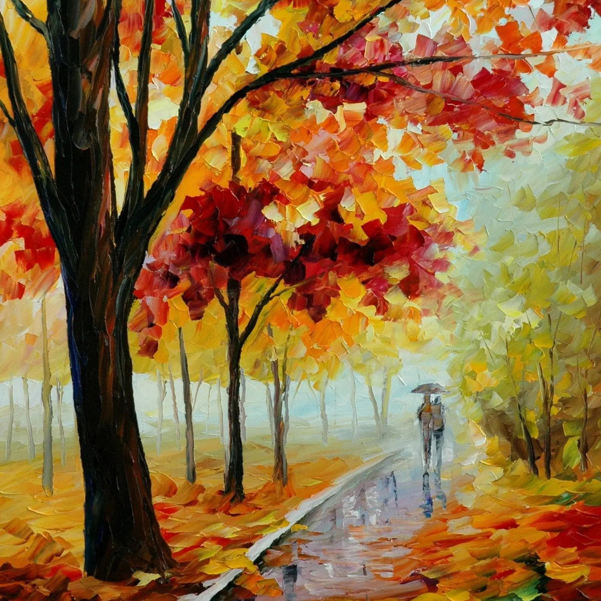 Abstract Landscape Oil Painting - Rainy Autumn Path with Figures - Oil Painting Haven