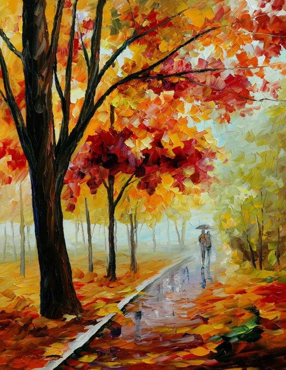 Abstract Landscape Oil Painting - Rainy Autumn Path with Figures - Oil Painting Haven