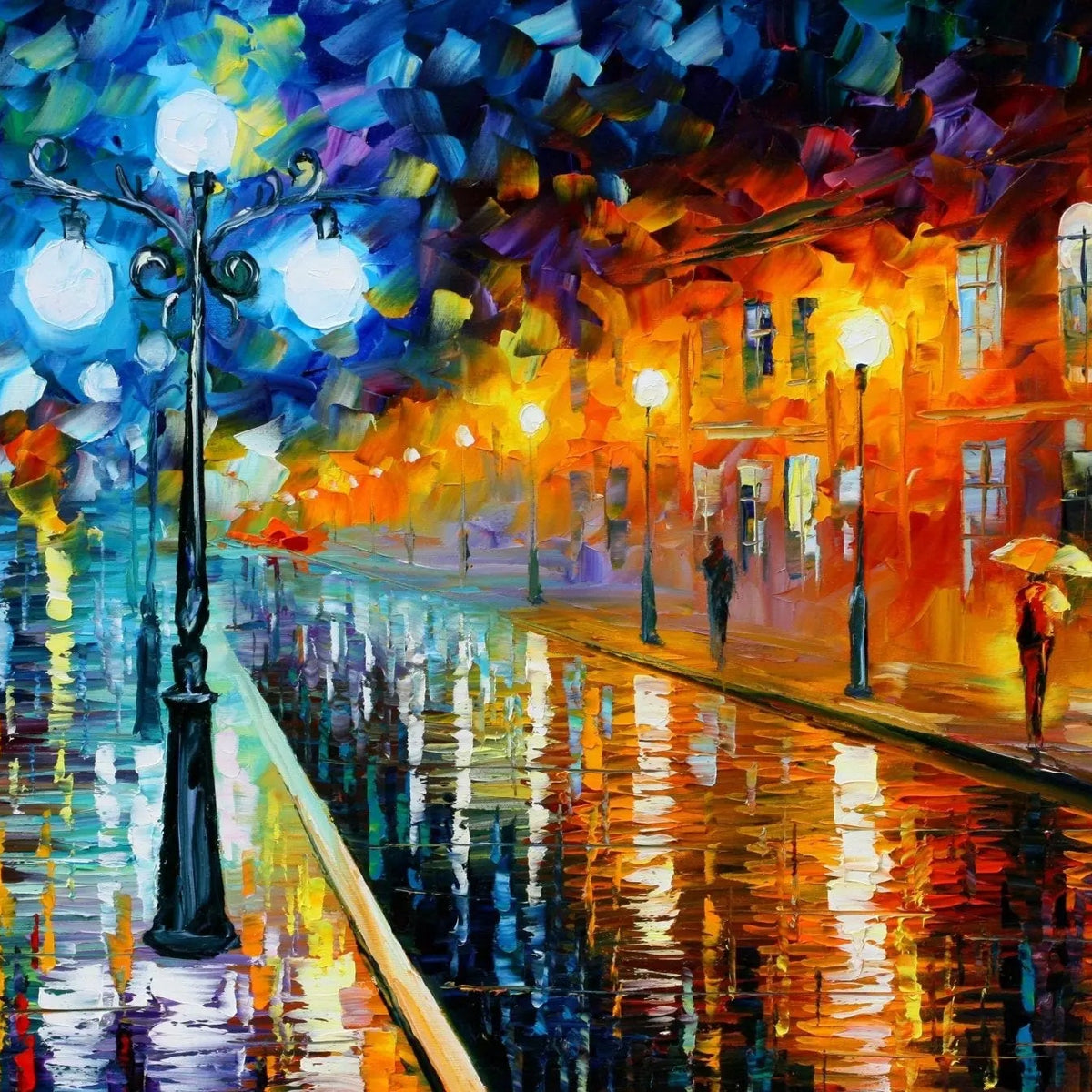 Abstract Landscape Oil Painting - Rainy City Night Reflections - Oil Painting Haven