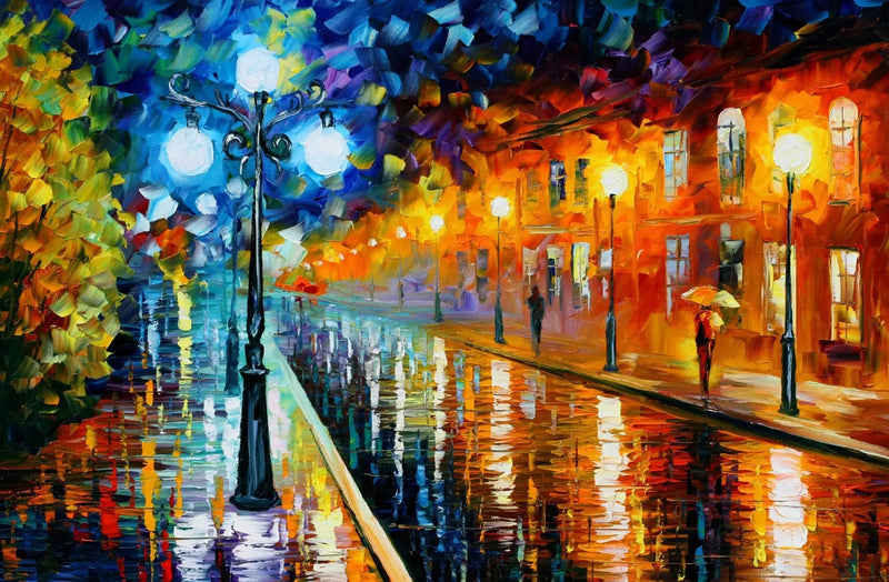 Abstract Landscape Oil Painting - Rainy City Night Reflections - Oil Painting Haven