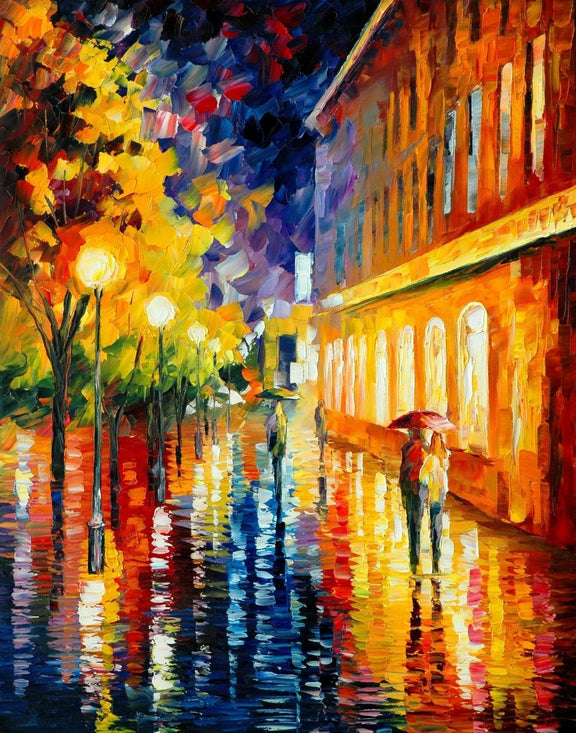 Abstract Landscape Oil Painting - Rainy Evening Street Scene - Oil Painting Haven