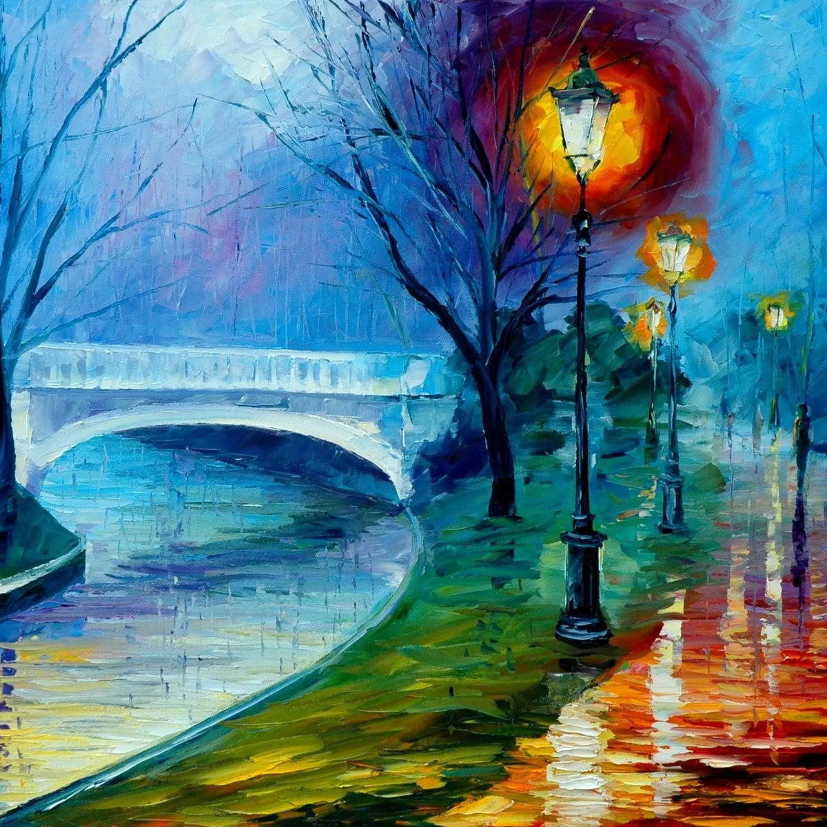Abstract Landscape oil painting - rainy night canal with bridge - Oil Painting Haven