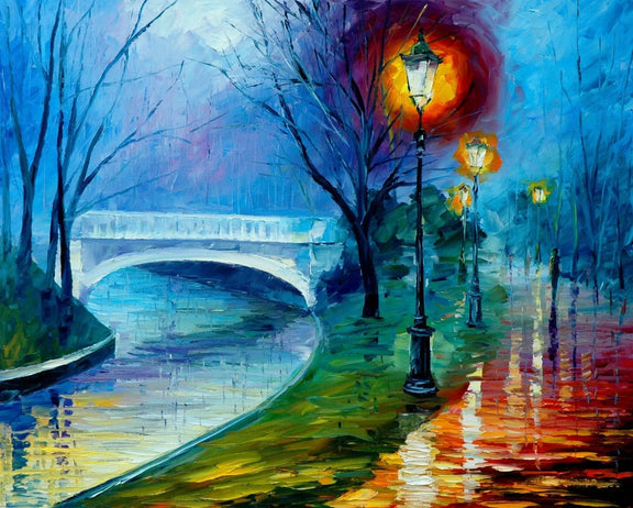 Abstract Landscape oil painting - rainy night canal with bridge - Oil Painting Haven