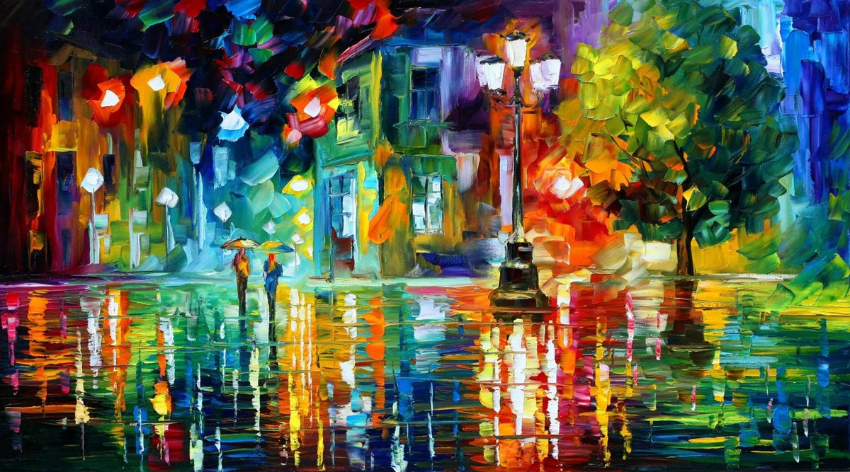 Abstract Landscape Oil Painting - Rainy Night City Street with Reflections - Oil Painting Haven