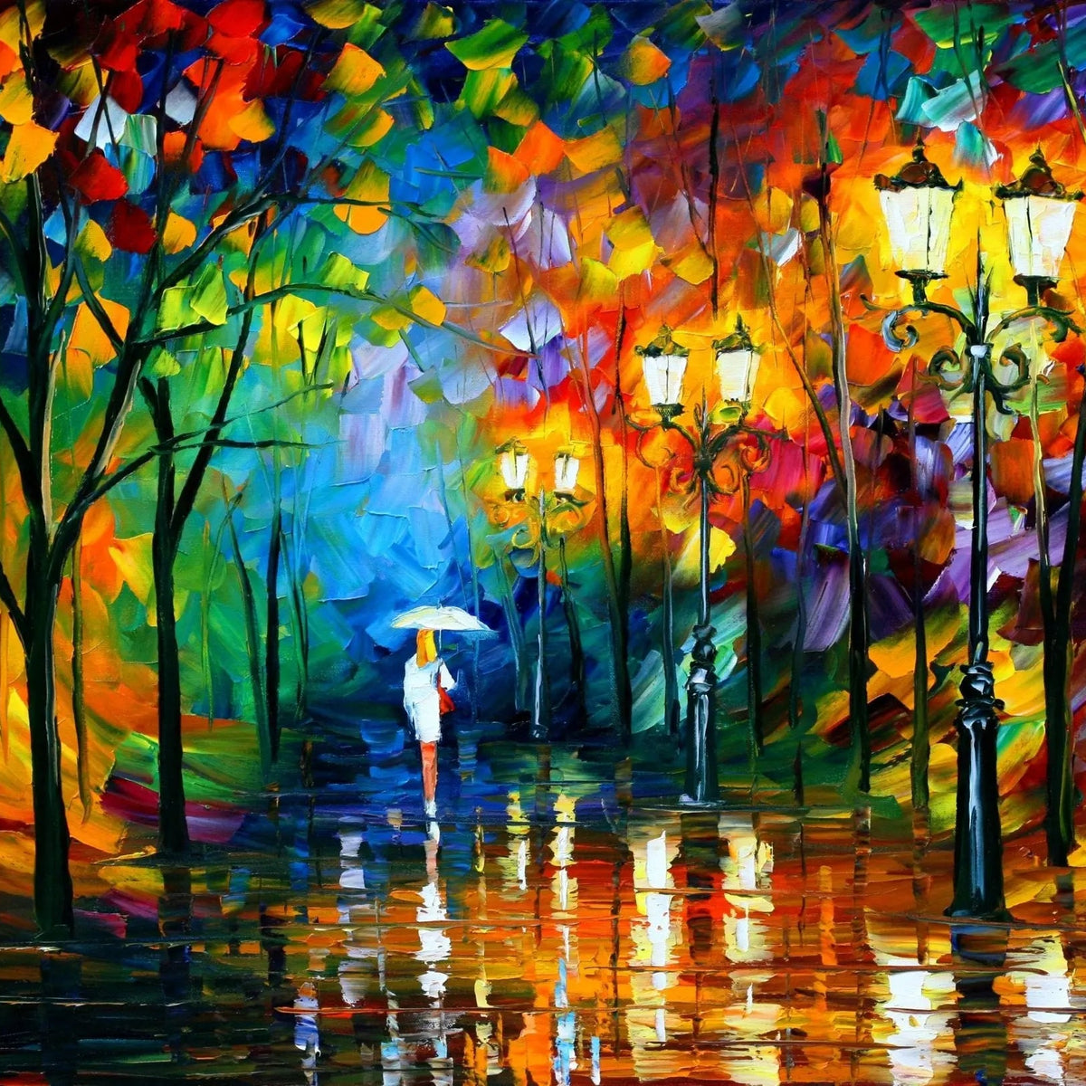 Abstract Landscape Oil Painting - Rainy Night Park Path with Figure - Oil Painting Haven