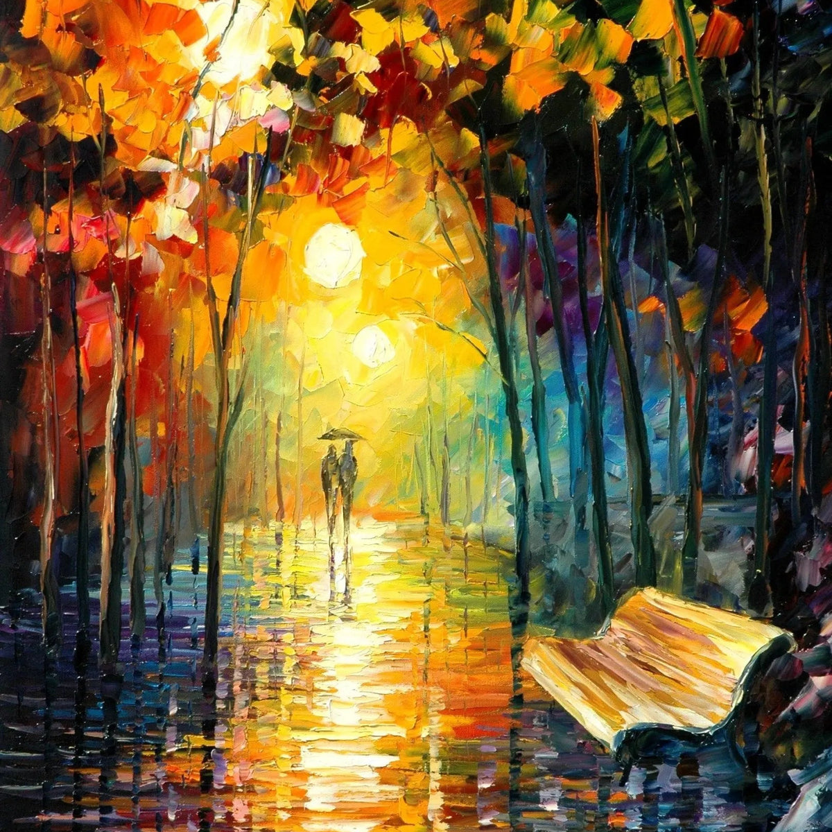 Abstract Landscape Oil Painting - Rainy Night Park Path with Figures - Oil Painting Haven