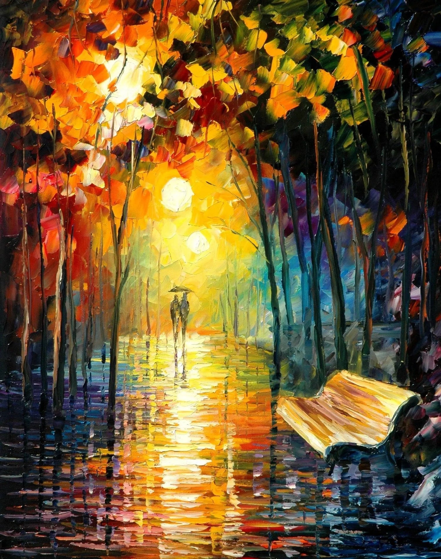 Abstract Landscape Oil Painting - Rainy Night Park Path with Figures - Oil Painting Haven