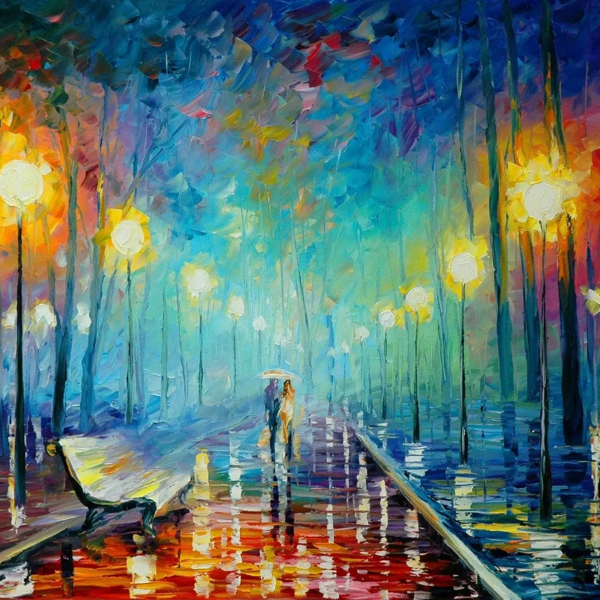 Abstract Landscape Oil Painting - Rainy Night Park with Couple - Oil Painting Haven